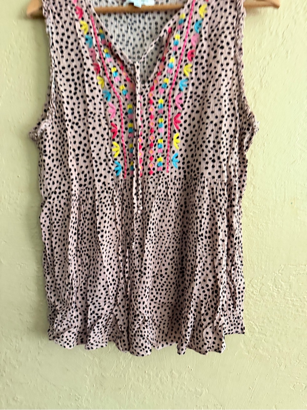 Grace & Lace Beige Polka Dot Sleeveless Top with Bright Embroidered Front